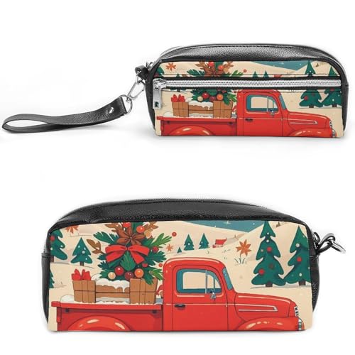 FHESDCW Red Truck Weihnachten Federmäppchen Große Kapazität mit Reißverschluss, Hängende Wasserdichte Kosmetiktasche für Reisen, Vintage Leder Federmäppchen für Damen Herren von FHESDCW