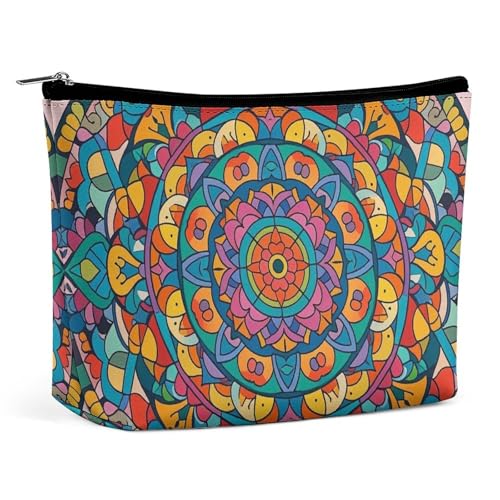 FHESDCW Runde Mandala-Make-up-Tasche für Damen, PU-Leder, wasserdicht, Kosmetiktasche mit Reißverschluss, tragbarer Reise-Make-up-Organizer von FHESDCW