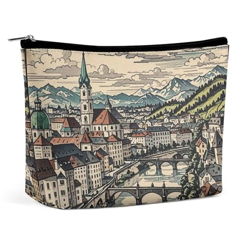 FHESDCW Salzburger Make-up-Tasche für Damen, PU-Leder, wasserdicht, Kosmetiktasche mit Reißverschluss, tragbarer Reise-Make-up-Organizer FHESDCW Salzburger Make-up-Tasche für Damen, PU-Leder, wasserdicht, Kosmetiktasche mit Reißverschluss, tragbarer Reise-Make-up-Organizer von FHESDCW