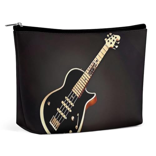 FHESDCW Schwarze Gitarren-Make-up-Tasche für Damen, PU-Leder, wasserdichte Kosmetiktasche mit Reißverschluss, tragbarer Reise-Make-up-Organizer von FHESDCW