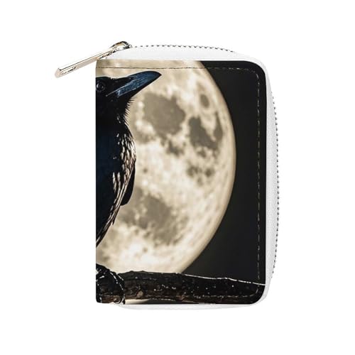 FHESDCW Schwarze Krähe auf Vollmond-Kartenetui für Männer und Frauen, Leder-Kreditkartenetui mit 20 Kartenfächern, kleine Geldbörse mit Reißverschluss von FHESDCW