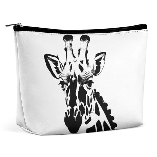 FHESDCW Schwarze und weiße Giraffen-Make-up-Tasche für Damen, PU-Leder, wasserdichte Kosmetiktasche mit Reißverschluss, tragbarer Reise-Make-up-Organizer von FHESDCW