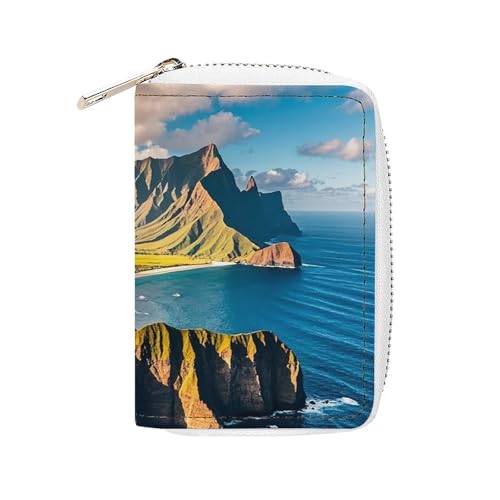 FHESDCW Seaside Mountain Skyline Kartenetui für Herren und Damen, Leder, Kreditkartenetui mit 20 Kartenfächern, kleine Geldbörse mit Reißverschluss von FHESDCW