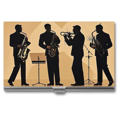 FHESDCW Silhouette of A Jazz Quartet Performing Visitenkartenhalter für Männer und Frauen, professionelles Kartenetui mit Schnallenverschluss, kompaktes und tragbares Metalletui für Büroangestellte FHESDCW Silhouette of A Jazz Quartet Performing Visitenkartenhalter für Männer und Frauen, professionelles Kartenetui mit Schnallenverschluss, kompaktes und tragbares Metalletui für Büroangestellte von FHESDCW