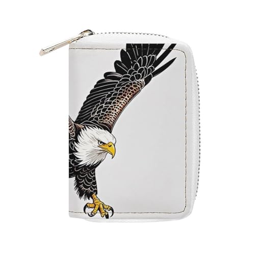 FHESDCW Sketch of Bald Eagle Diving Card Holder for Men Women, Leather Credit Card Holder with 20 Card Slots Small Purse with Zipper von FHESDCW