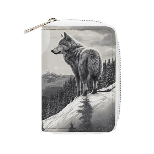 FHESDCW Snow Mountain Lone Wolf Kartenetui für Männer und Frauen, Leder Kreditkartenetui mit 20 Kartenfächern, kleine Geldbörse mit Reißverschluss von FHESDCW