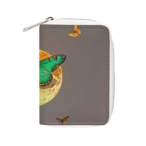 FHESDCW Sun And Moon Green Moth Card Holder for Men Women, Leather Credit Card Holder with 20 Card Slots Small Purse with Zipper von FHESDCW