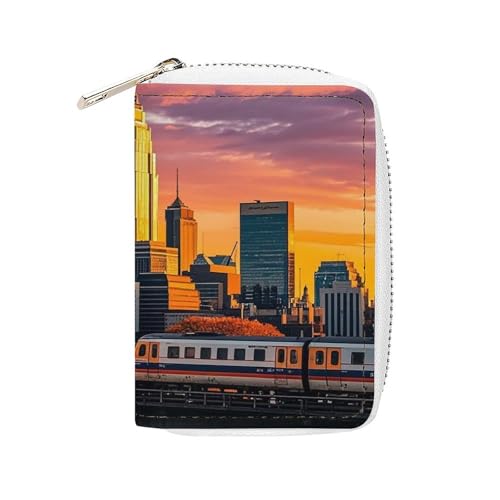 FHESDCW Sunset Bridge Skyscraper Kartenetui für Männer und Frauen, Leder Kreditkartenetui mit 20 Kartenfächern, kleine Geldbörse mit Reißverschluss von FHESDCW