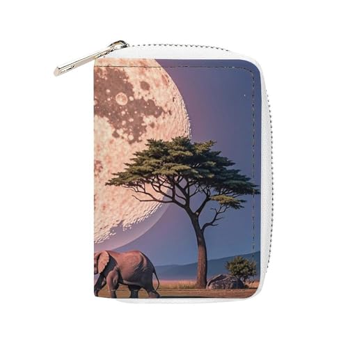 FHESDCW The Elephant Walks Kartenetui für Herren und Damen, Leder, Kreditkartenetui mit 20 Kartenfächern, kleine Geldbörse mit Reißverschluss von FHESDCW