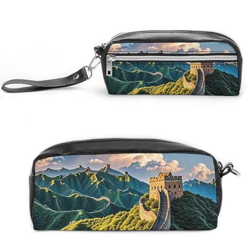 FHESDCW The Great Wall Pencil Case Large Capacity with Zipper, Hanging Water Proof Cosmetic Bag for Travel, Vintage Leather Pencil Pouch for Women Men von FHESDCW