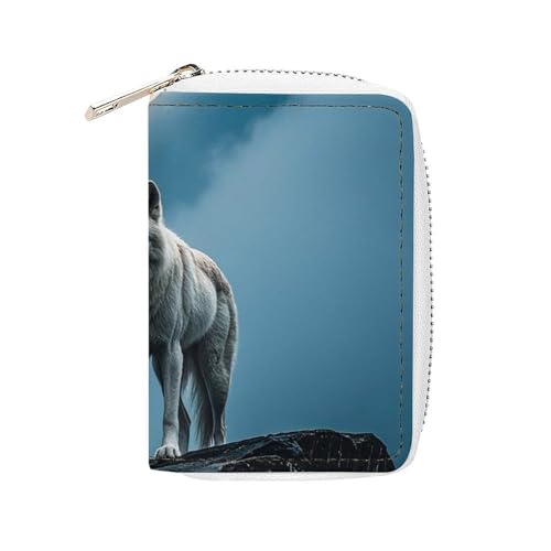 FHESDCW The White Wolf on The Rock Kartenetui für Herren und Damen, Leder, Kreditkartenetui mit 20 Kartenfächern, kleine Geldbörse mit Reißverschluss von FHESDCW