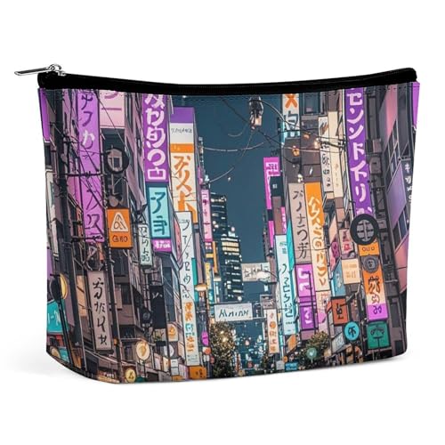 FHESDCW Tokyo Streets Make-up-Tasche für Damen, PU-Leder, wasserdicht, Kosmetiktasche mit Reißverschluss, tragbar, Reise-Make-up-Organizer, Violett von FHESDCW