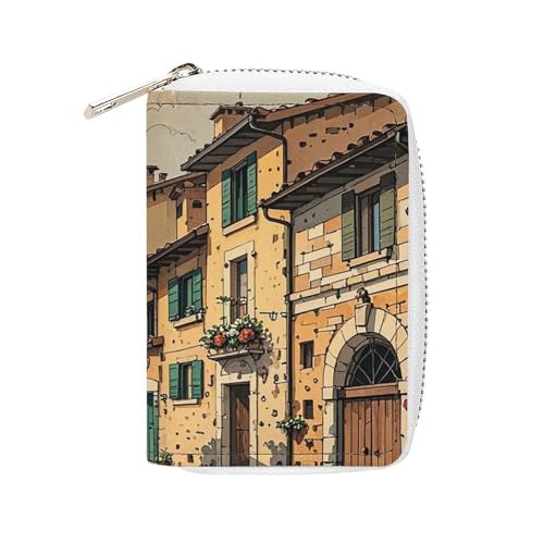 FHESDCW Traditionelle Ziegelhäuser Kartenetui für Männer und Frauen, Leder-Kreditkartenetui mit 20 Kartenfächern, kleine Geldbörse mit Reißverschluss von FHESDCW