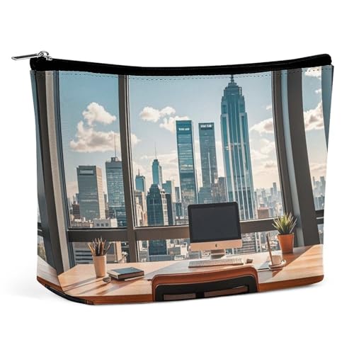 FHESDCW Urban Architecture Make-up-Tasche für Damen, PU-Leder, wasserdicht, Kosmetiktasche mit Reißverschluss, tragbarer Reise-Make-up-Organizer von FHESDCW