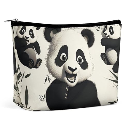 FHESDCW Verspielte Panda-Make-up-Tasche für Damen, PU-Leder, wasserdicht, Kosmetiktasche mit Reißverschluss, tragbarer Reise-Make-up-Organizer von FHESDCW