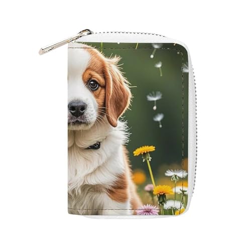 FHESDCW Welpen und Löwenzahn Kartenetui für Männer und Frauen, Leder Kreditkartenetui mit 20 Kartenfächern, kleine Geldbörse mit Reißverschluss von FHESDCW