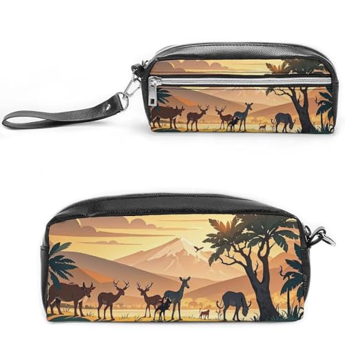 FHESDCW Wildlife Family Federmäppchen Große Kapazität mit Reißverschluss, hängende wasserdichte Kosmetiktasche für Reisen, Vintage Leder Federmäppchen für Damen und Herren von FHESDCW