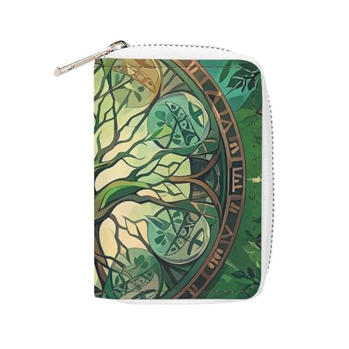 FHESDCW World Tree Kartenetui für Herren und Damen, Leder, Kreditkartenetui mit 20 Kartenfächern, kleine Geldbörse mit Reißverschluss von FHESDCW