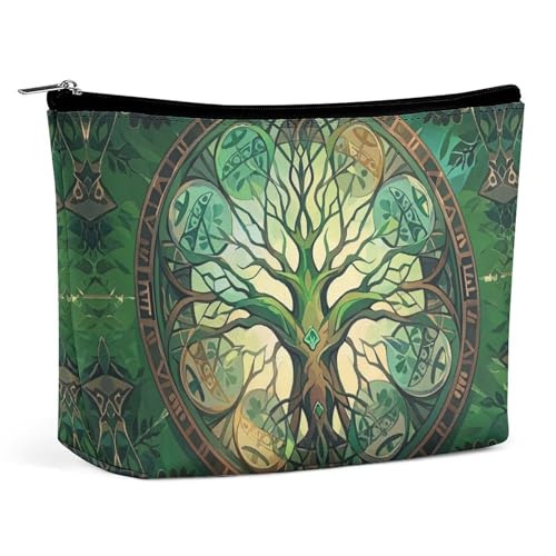 FHESDCW World Tree Make-up-Tasche für Damen, PU-Leder, wasserdicht, Kosmetiktasche mit Reißverschluss, tragbarer Reise-Make-up-Organizer von FHESDCW