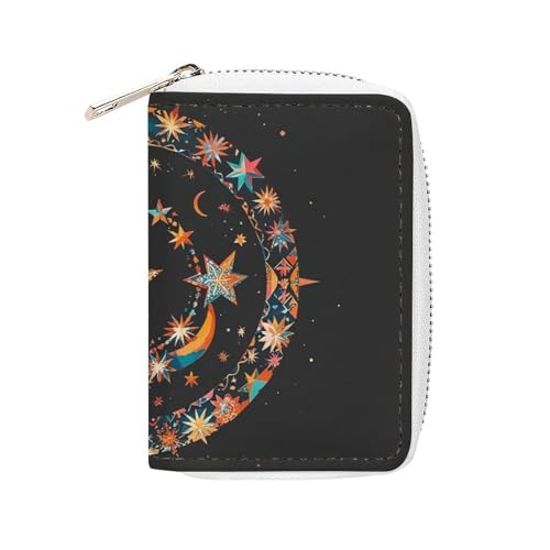 FHESDCW Wunderschöner Kartenhalter mit Sternen und Mond für Herren und Damen, Leder, Kreditkartenetui mit 20 Kartenfächern, kleine Geldbörse mit Reißverschluss von FHESDCW