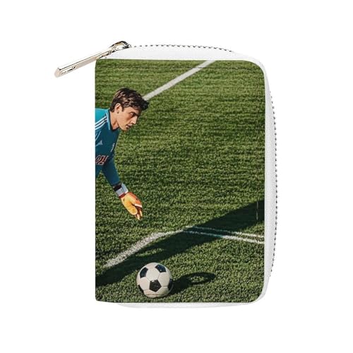 Fußball in der Torwart Position Kartenhalter für Männer Frauen Leder Kreditkartenetui mit 20 Kartenfächern Kleine Geldbörse mit Reißverschluss von FHESDCW