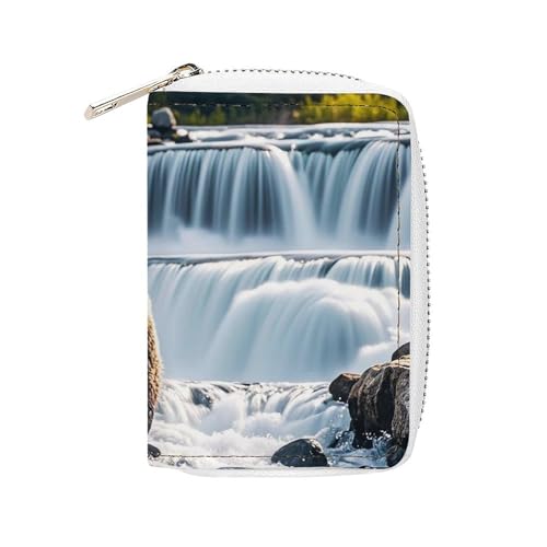 Grizzlies in River Falls Kartenetui für Herren und Damen, Leder Kreditkartenetui mit 20 Kartenfächern, kleine Geldbörse mit Reißverschluss von FHESDCW