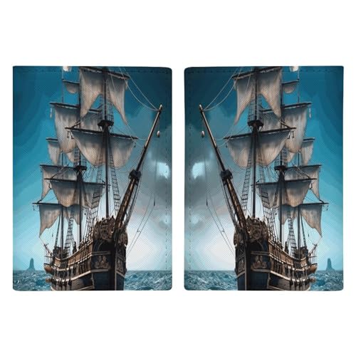 Reisepasshülle aus Leder, Motiv: Piratenschiff, minimalistisch, Reisebrieftasche, Reisepassbuchhalter für Damen und Herren, Stil, 20,3 x 13,8 cm, Stil:, 20.3x13.8cm von FHESDCW