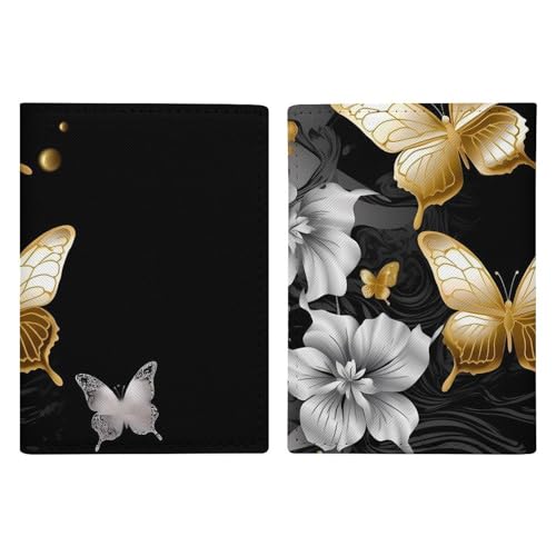 Reisepasshülle aus Leder, Motiv: goldfarbene weiße Schmetterlinge, Schwarz, minimalistische Reisepasshülle, Reisebrieftasche, Reisepassbuchhalter für Damen und Herren, Stil, 20,3 x 13,8 cm, Stil:, von FHESDCW