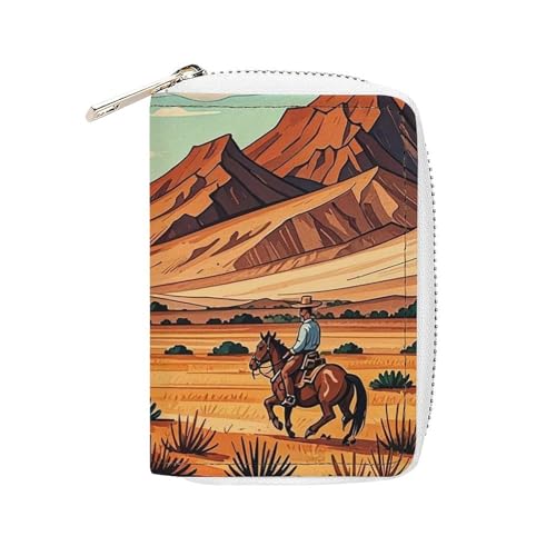 Reitpferde im Wilden Westen Kartenetui für Männer und Frauen, Leder Kreditkartenetui mit 20 Kartenfächern, kleine Geldbörse mit Reißverschluss von FHESDCW