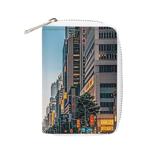 Tall Buildings in The City Kartenetui für Herren und Damen, Leder, Kreditkartenetui mit 20 Kartenfächern, kleine Geldbörse mit Reißverschluss von FHESDCW