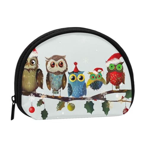 Niedliche Weihnachts-Eulen auf Ast, bedruckte Münzgeldbörse, Mini-Aufbewahrungstasche, Kosmetiktaschenhalter für Damen und Mädchen, Schwarz , Einheitsgröße, Münztasche von FHESDMN