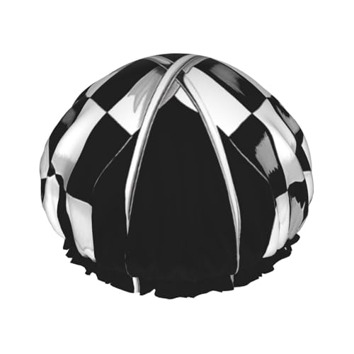 Schwarz-weiße Formel, karierte Flaggen, Muster, bedruckte Duschhaube, wasserdichte Duschhaube für Frauen, wiederverwendbare Duschhut, Badekappen mit elastischem Band Schwarz-weiße Formel, karierte Flaggen, Muster, bedruckte Duschhaube, wasserdichte Duschhaube für Frauen, wiederverwendbare Duschhut, Badekappen mit elastischem Band von FHESDMN