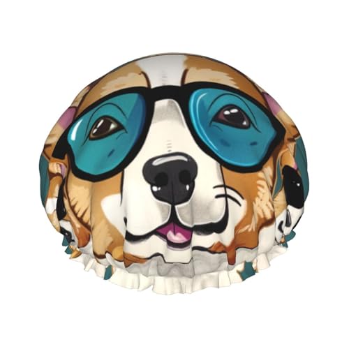 Süße Corgi-Brille und Schnurrbärte bedruckte Duschhaube, wasserdichte Duschhaube für Frauen, wiederverwendbare Duschhut, Badekappen mit Gummiband von FHESDMN
