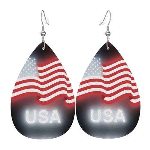 Amerikanische Flagge Teardrop Leder Ohrringe Damen Druck Anhänger mit Haken Mode Vintage Party Alltag, Einheitsgröße, Leder von FHIZOAL
