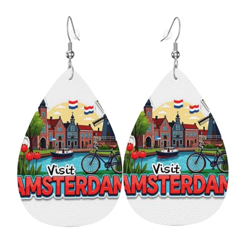 Amsterdam mit Tulpen Teardrop Leder Ohrringe Damen Druck Anhänger mit Haken Mode Vintage Party Alltag, Einheitsgröße, Leder von FHIZOAL