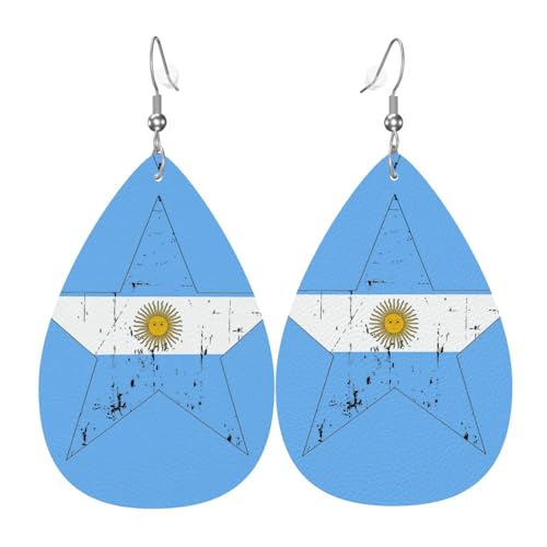 Argentinische Flagge Stern Tropfen Leder Ohrringe Damen Druck Anhänger mit Haken Mode Vintage Party Alltag, Einheitsgröße, Leder von FHIZOAL