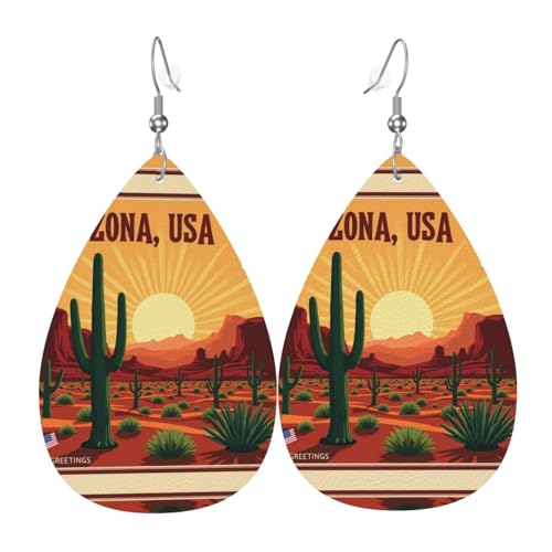 Arizona USA Wüstenlandschaft Teardrop Leder Ohrringe Damen Druck Anhänger mit Haken Mode Vintage Party Alltag, Einheitsgröße, Leder von FHIZOAL