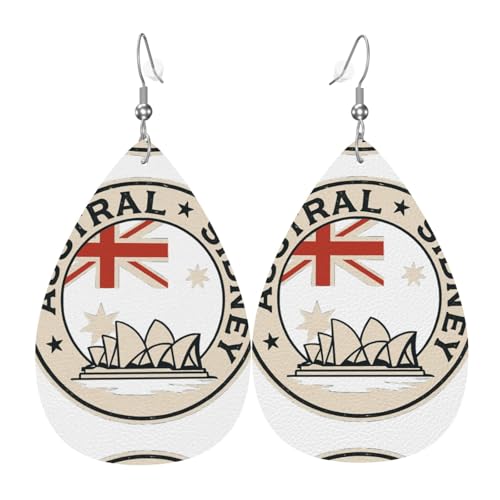 Australia Sydn Teardrop Leder Ohrringe Damen Print Anhänger mit Haken Mode Vintage Party Alltag, Einheitsgröße, Leder von FHIZOAL