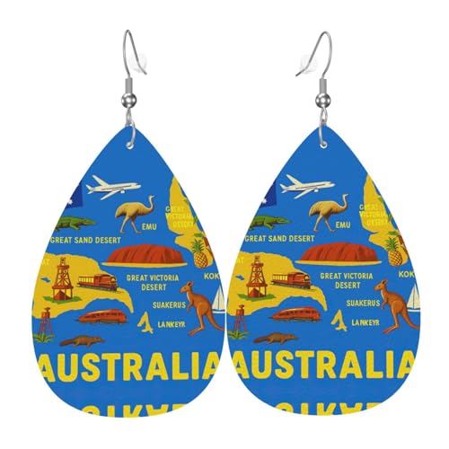 Australien Karte Icons Teardrop Leder Ohrringe Damen Druck Anhänger mit Haken Mode Vintage Party Alltag, Einheitsgröße, Leder von FHIZOAL