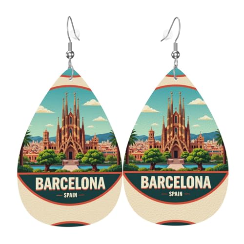 Barcelona Churches Teardrop Leder Ohrringe Damen Druck Anhänger mit Haken Mode Vintage Party Alltag, Einheitsgröße, Leder von FHIZOAL