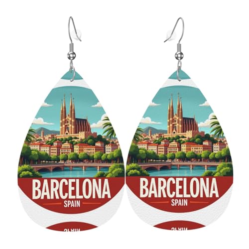 Barcelona Spanien Stadtbild Teardrop Leder Ohrringe Damen Druck Anhänger mit Haken Mode Vintage Party Alltag, Einheitsgröße, Leder von FHIZOAL