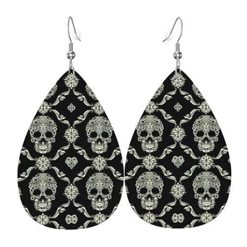 Blumen Schädel Ornament Muster Tropfen Leder Ohrringe Damen Druck Anhänger mit Haken Mode Vintage Party Alltag, Einheitsgröße, Leder Blumen Schädel Ornament Muster Tropfen Leder Ohrringe Damen Druck Anhänger mit Haken Mode Vintage Party Alltag, Einheitsgröße, Leder von FHIZOAL