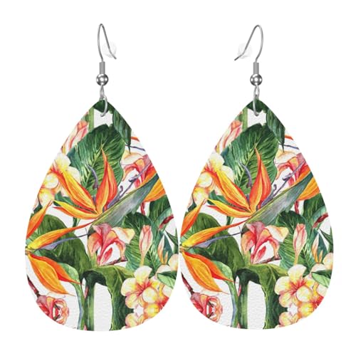 Bunte Blumen Vogel Tropfen Leder Ohrringe Damen Druck Anhänger mit Haken Mode Vintage Party Alltag, Einheitsgröße, Leder von FHIZOAL