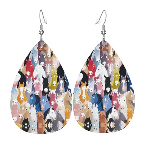 Bunte Cartoon-Pferde Teardrop Leder Ohrringe Damen Druck Anhänger mit Haken Mode Vintage Party Alltag, Einheitsgröße, Leder Bunte Cartoon-Pferde Teardrop Leder Ohrringe Damen Druck Anhänger mit Haken Mode Vintage Party Alltag, Einheitsgröße, Leder von FHIZOAL