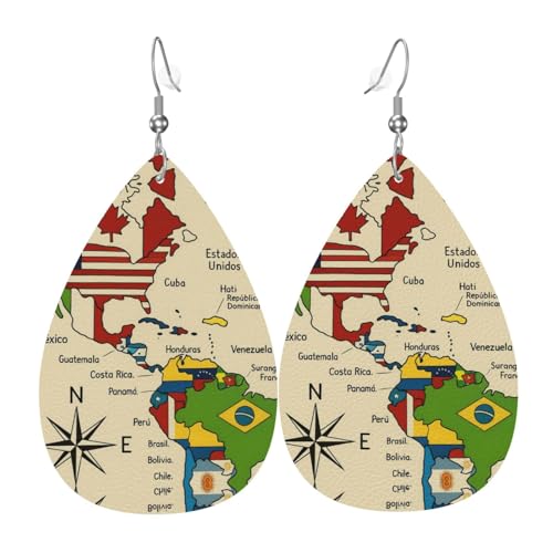 Bunte Landkarte von Amerika Coun Teardrop Leder Ohrringe Damen Druck Anhänger mit Haken Mode Vintage Party Alltag, Einheitsgröße, Leder von FHIZOAL