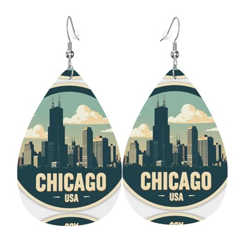 Chicago USA Teardrop Leder Ohrringe Damen Druck Anhänger mit Haken Mode Vintage Party Alltag, Einheitsgröße, Leder von FHIZOAL