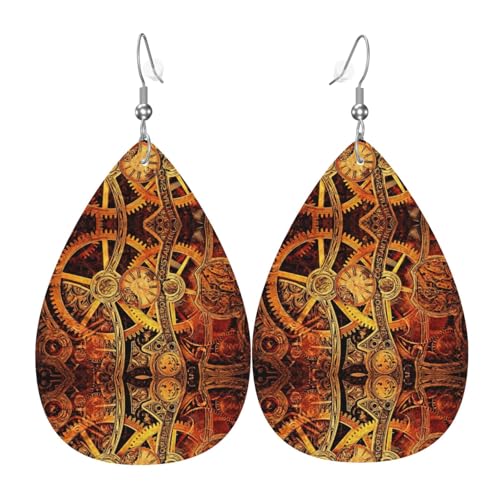 Coole Steampunk-Zahnräder Teardrop Leder Ohrringe Damen Druck Anhänger mit Haken Mode Vintage Party Alltag, Einheitsgröße, Leder von FHIZOAL