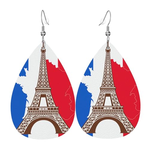 Damen-Ohrringe mit französischer Flagge, Eiffelturm, Tropfenform, Leder, bedruckt, mit Haken, modisch, Vintage, Party, Alltag, Einheitsgröße, Leder von FHIZOAL