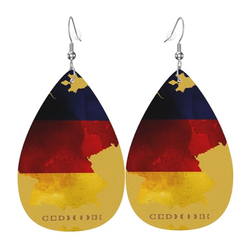 Deutschlandkarte Flagge Teardrop Leder Ohrringe Damen Druck Anhänger mit Haken Mode Vintage Party Alltag, Einheitsgröße, Leder von FHIZOAL