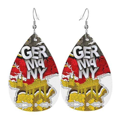 Deutschlandkarte mit kulturellem Sym Teardrop Leder Ohrringe Damen Druck Anhänger mit Haken Mode Vintage Party Alltag, Einheitsgröße, Leder von FHIZOAL
